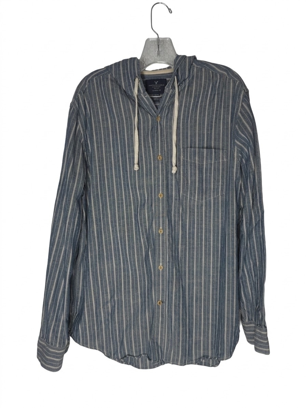 American Eagle Stripe Hooded Button-Up Shirt - Blue